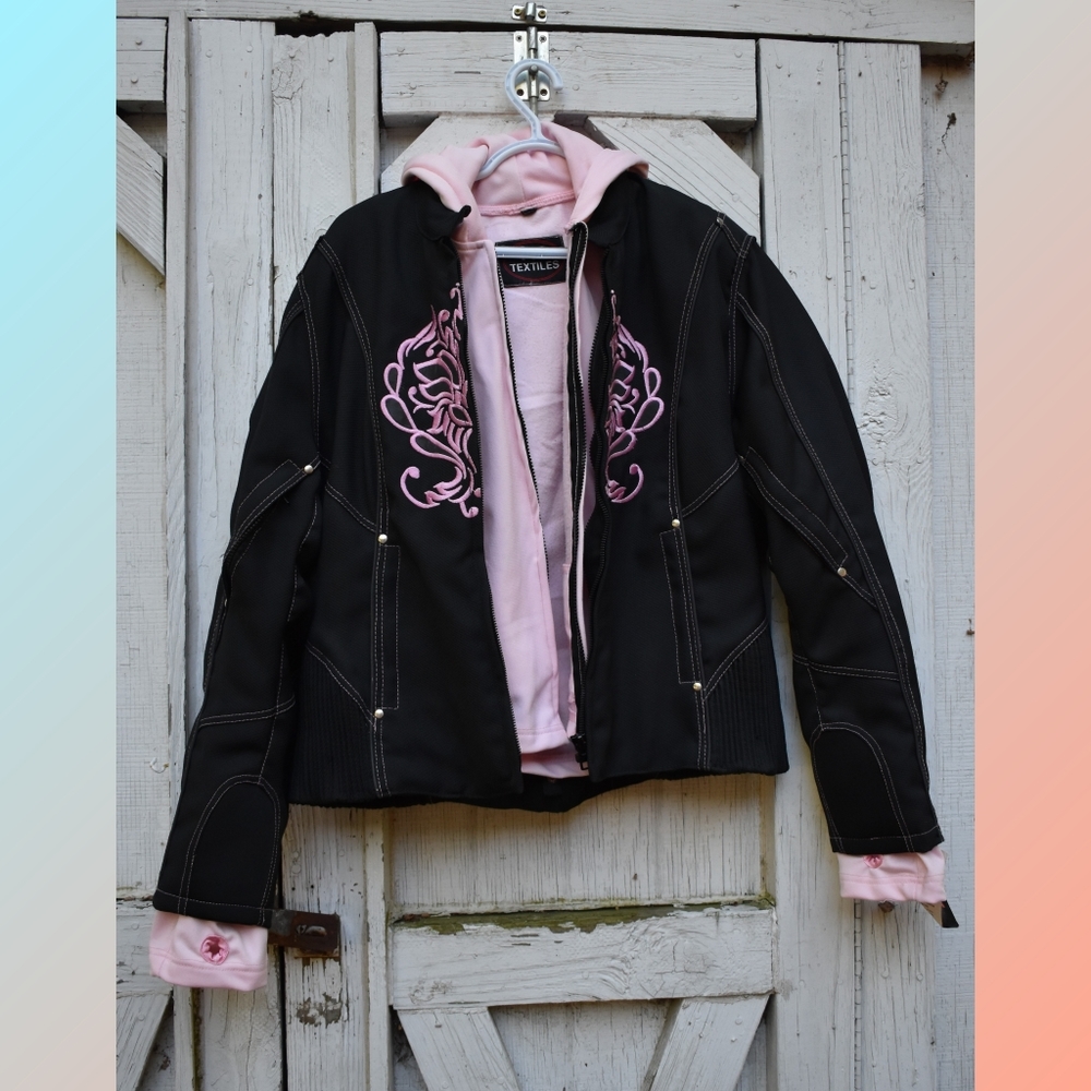 I-K Textiles Womens 2 Piece Polyester Motorcycle Jacket Size M Hooded Pink Black